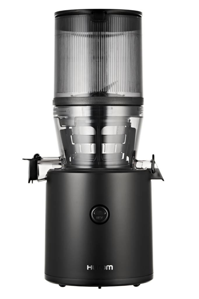 Hurom H320N-BBS01MB Matte Black slow juicer with hopper, chamber, outlet and ON/REV control, exact-model manufacturer image