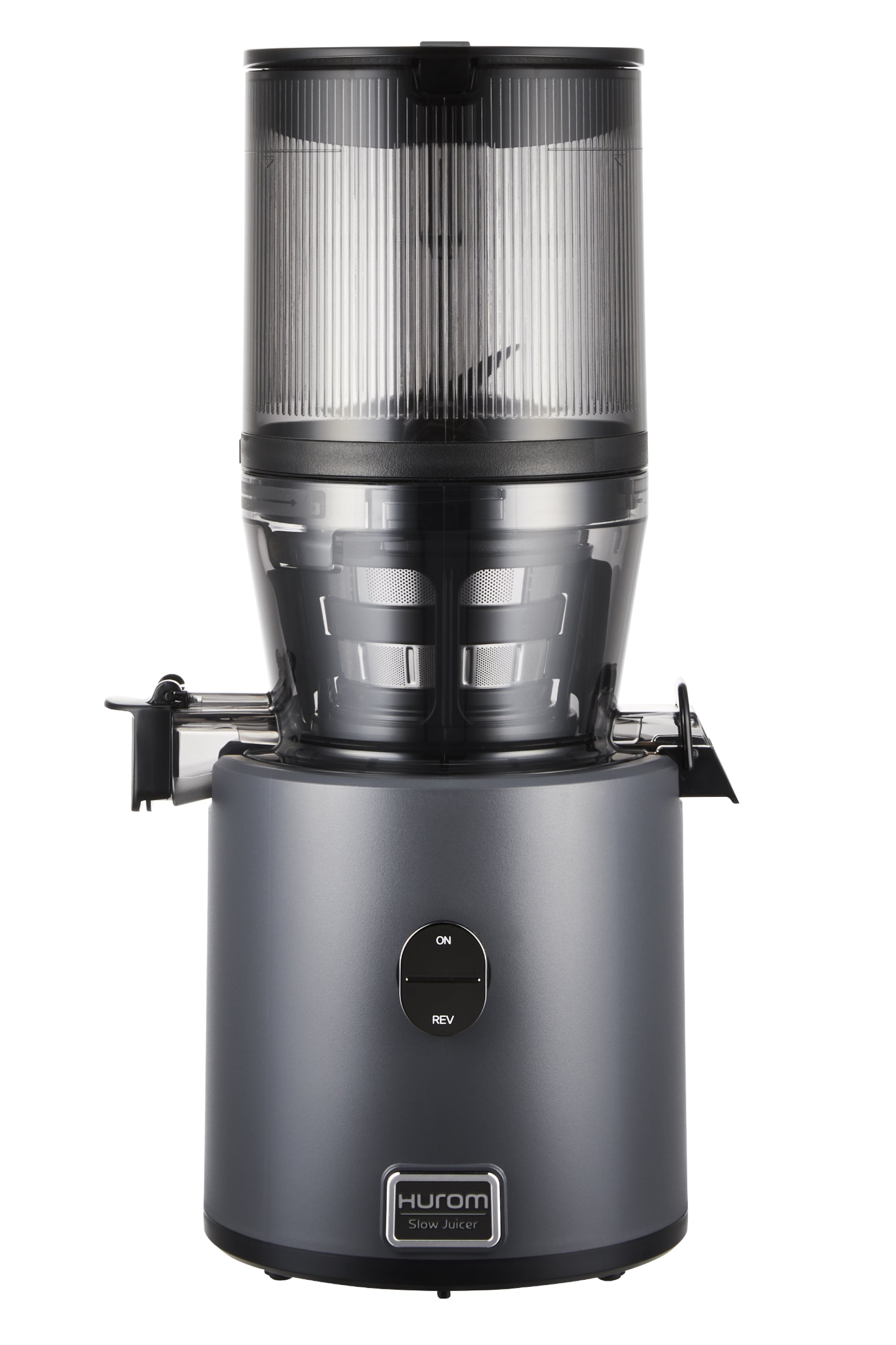 Hurom H330 Slow Juicer in the exact U.S. Charcoal finish, front view with hopper, chamber and ON/REV control visible