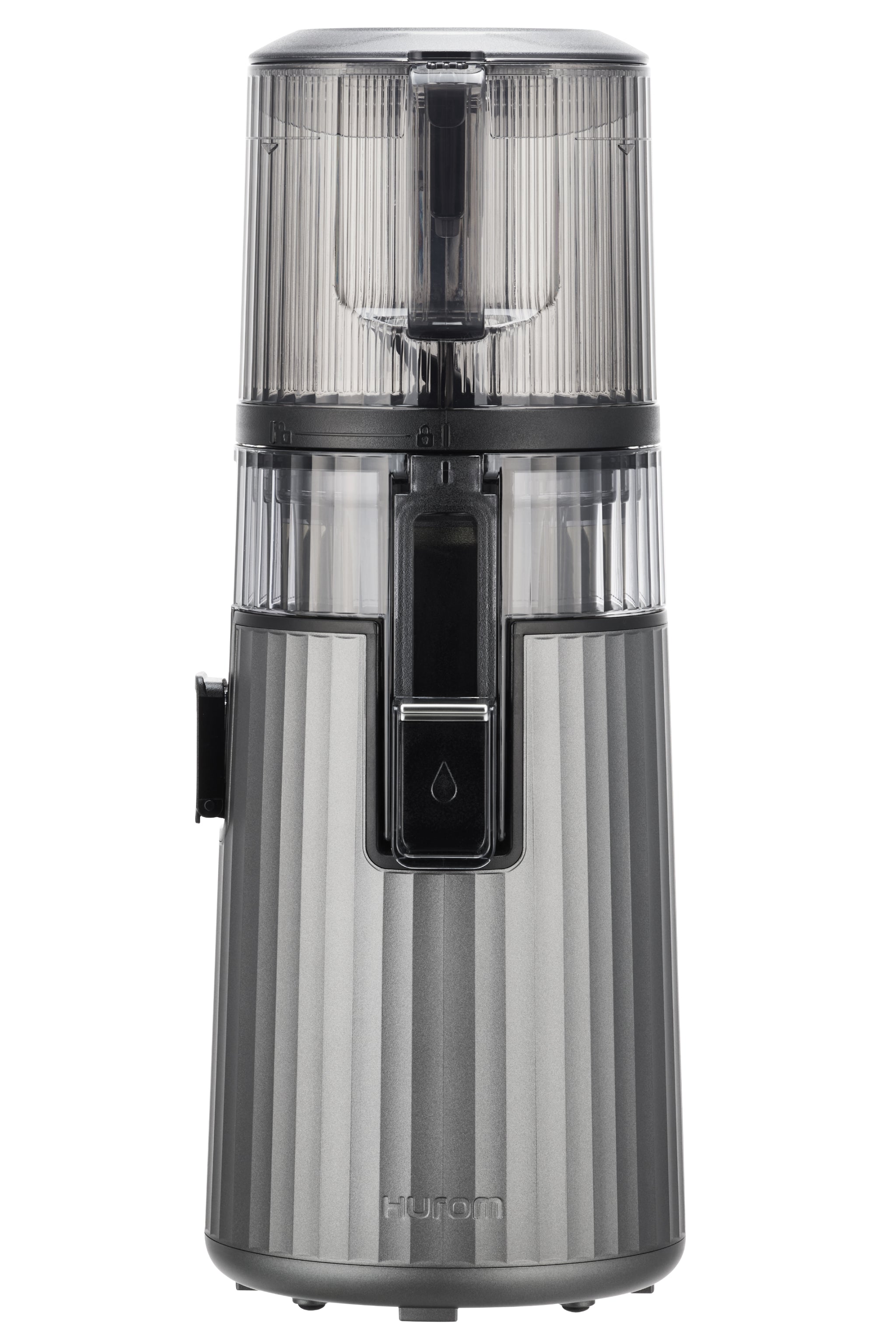 Hurom H420 Easy Clean slow juicer in the exact U.S. Grey finish, front view with clear batch hopper and lower body