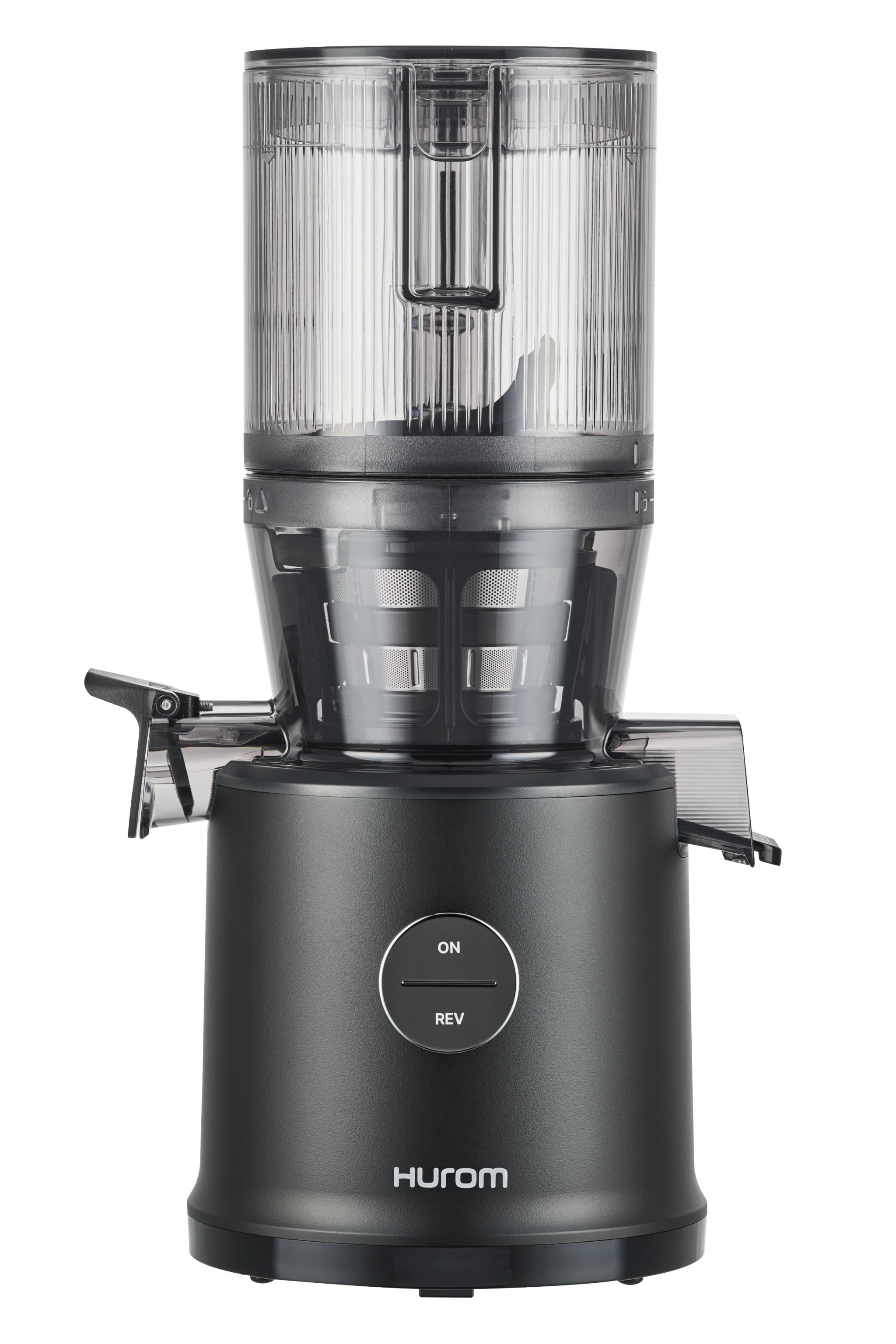 Hurom H80ST-GBS04MB Matte Black slow juicer with hopper, chamber, outlets, and ON/REV control, exact-model manufacturer image