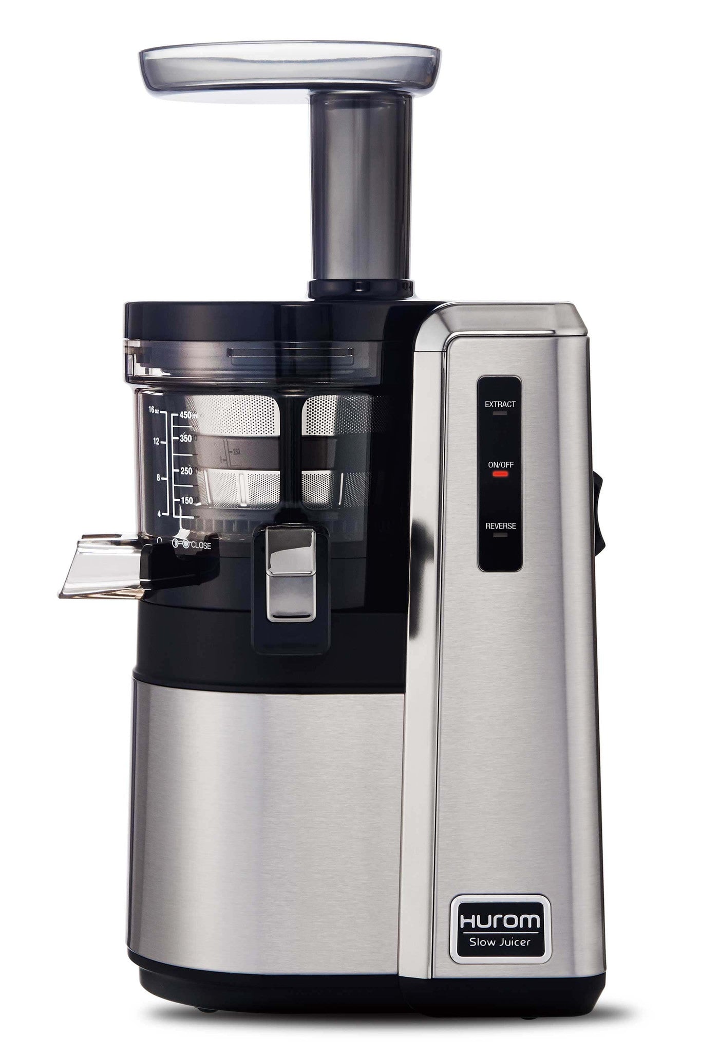 Silver Hurom HZ slow juicer shown in the manufacturer’s refurbished listing image
