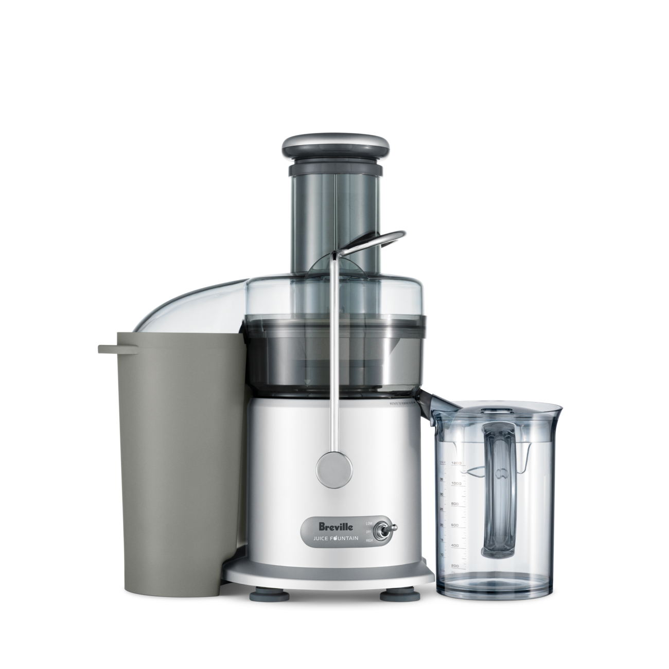 Breville Juice Fountain Plus JE98XL in brushed stainless steel, with side pulp container and supplied jug