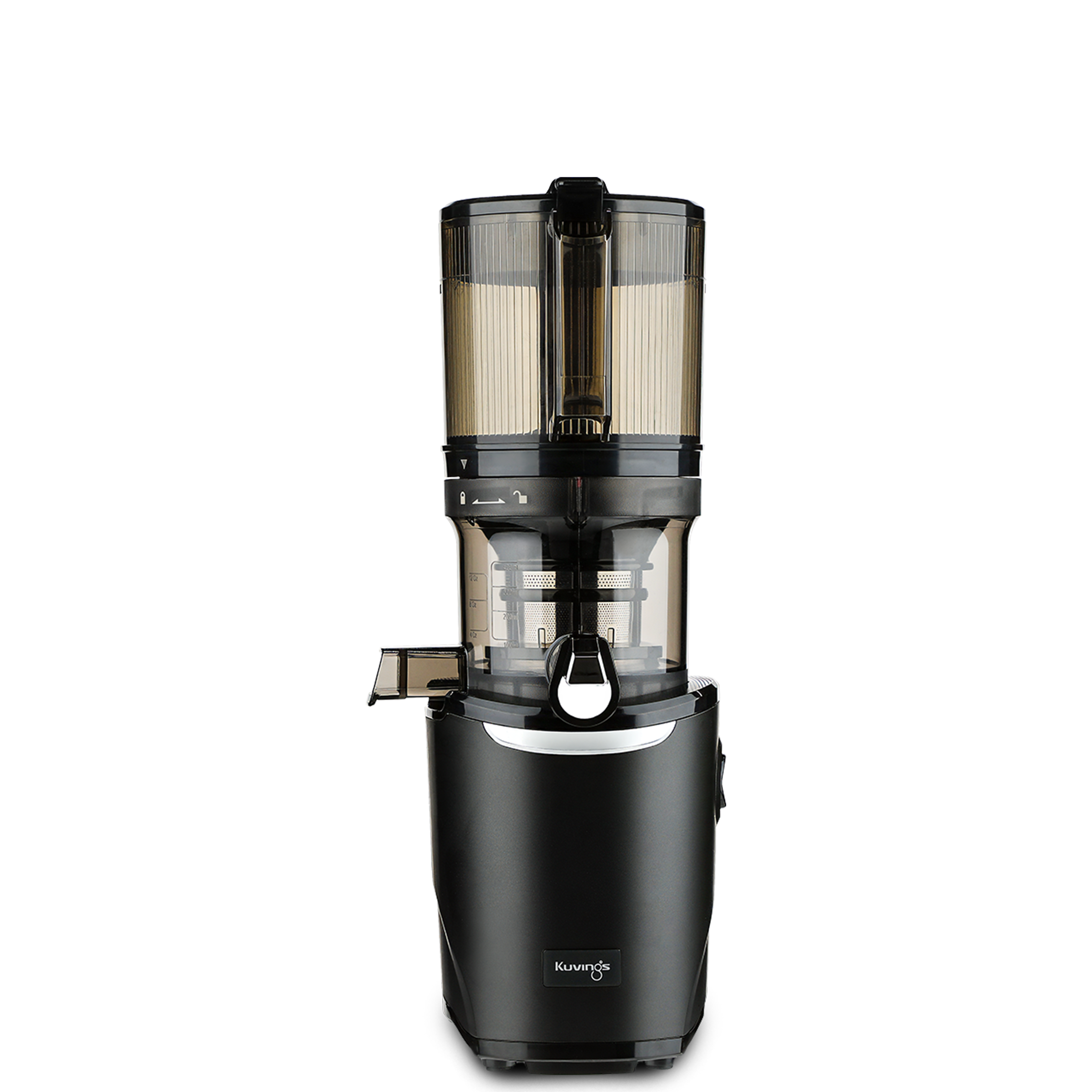 Kuvings AUTO9 household slow juicer with a black motor base, tall batch hopper, clear juicing bowl and outlet