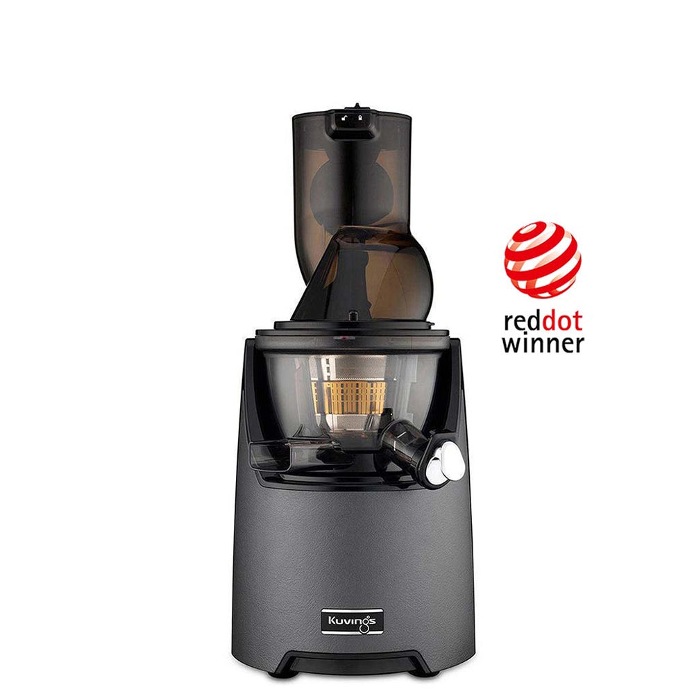 Gun-metal Kuvings EVO820 household juicer with a lockable feed gate and clear bowl.