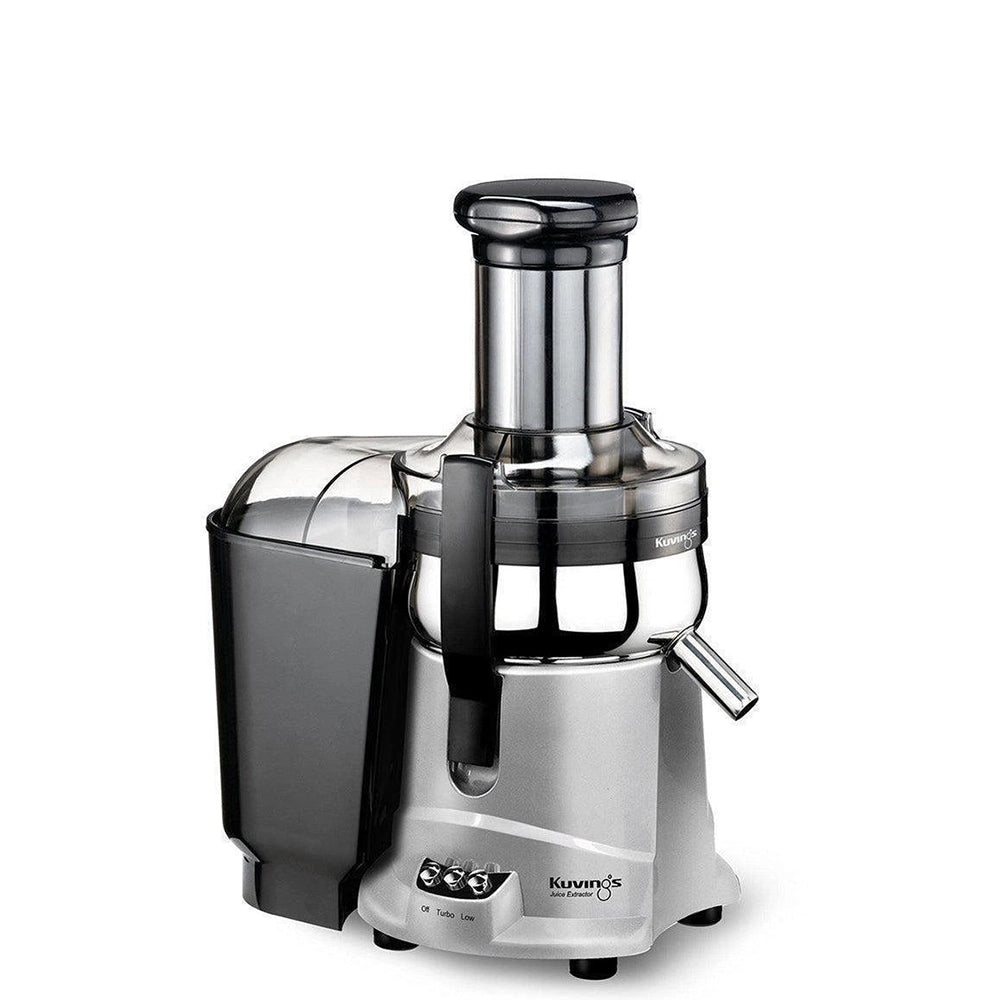 Silver Kuvings NJ9500 centrifugal juicer with its tall feed tube, stainless bowl, and pulp container.