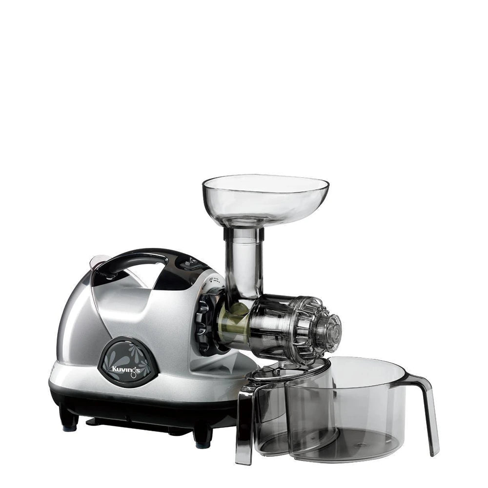 Silver Kuvings NJE horizontal juicer with its removable small-item hopper, juicing set, and clear cups.