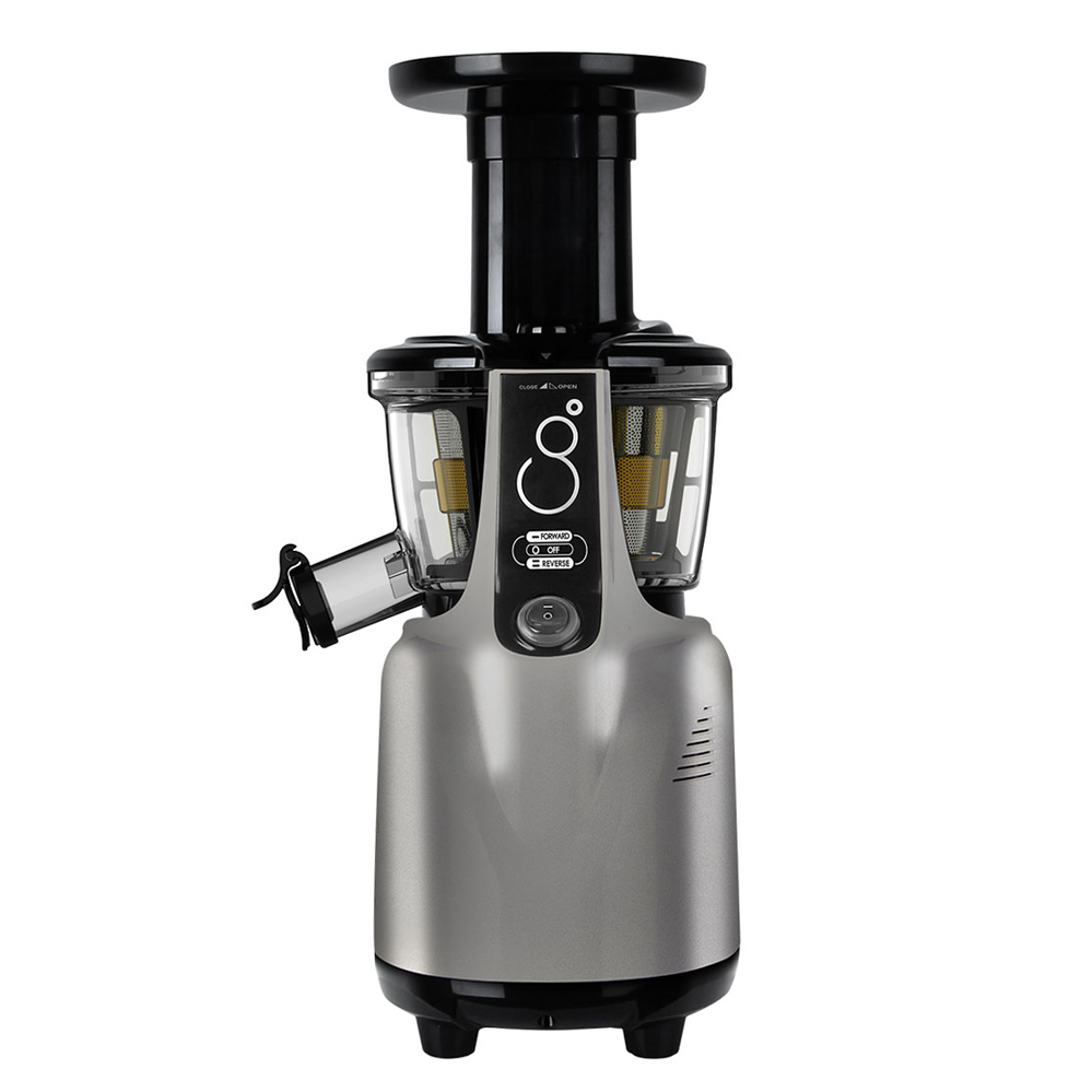 Silver Kuvings SC slow juicer with its hopper and pusher, clear juicing body, and juice and pulp outlets.
