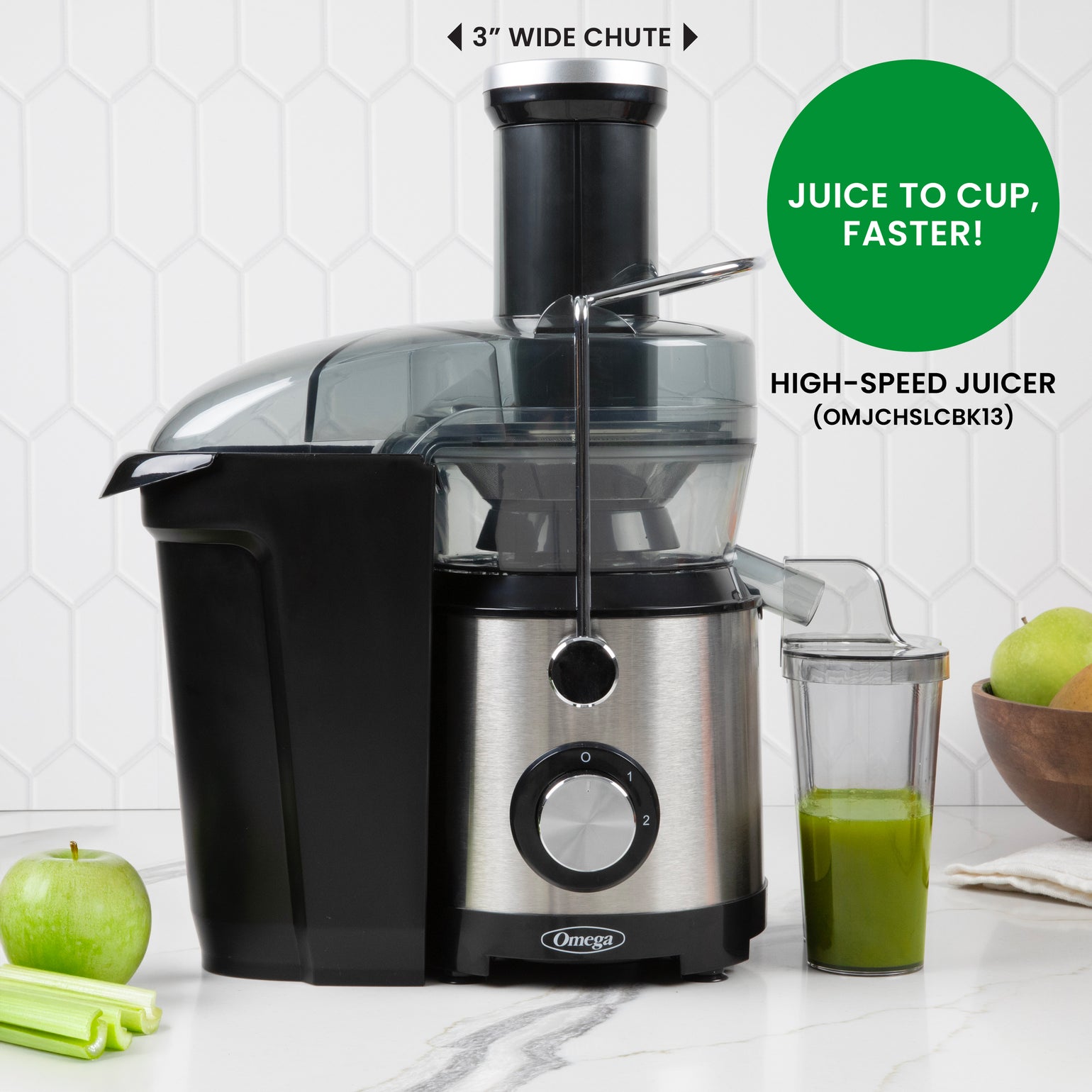 Black Omega OMJCHSLCBK13 centrifugal juicer with its labeled three-inch feed chute