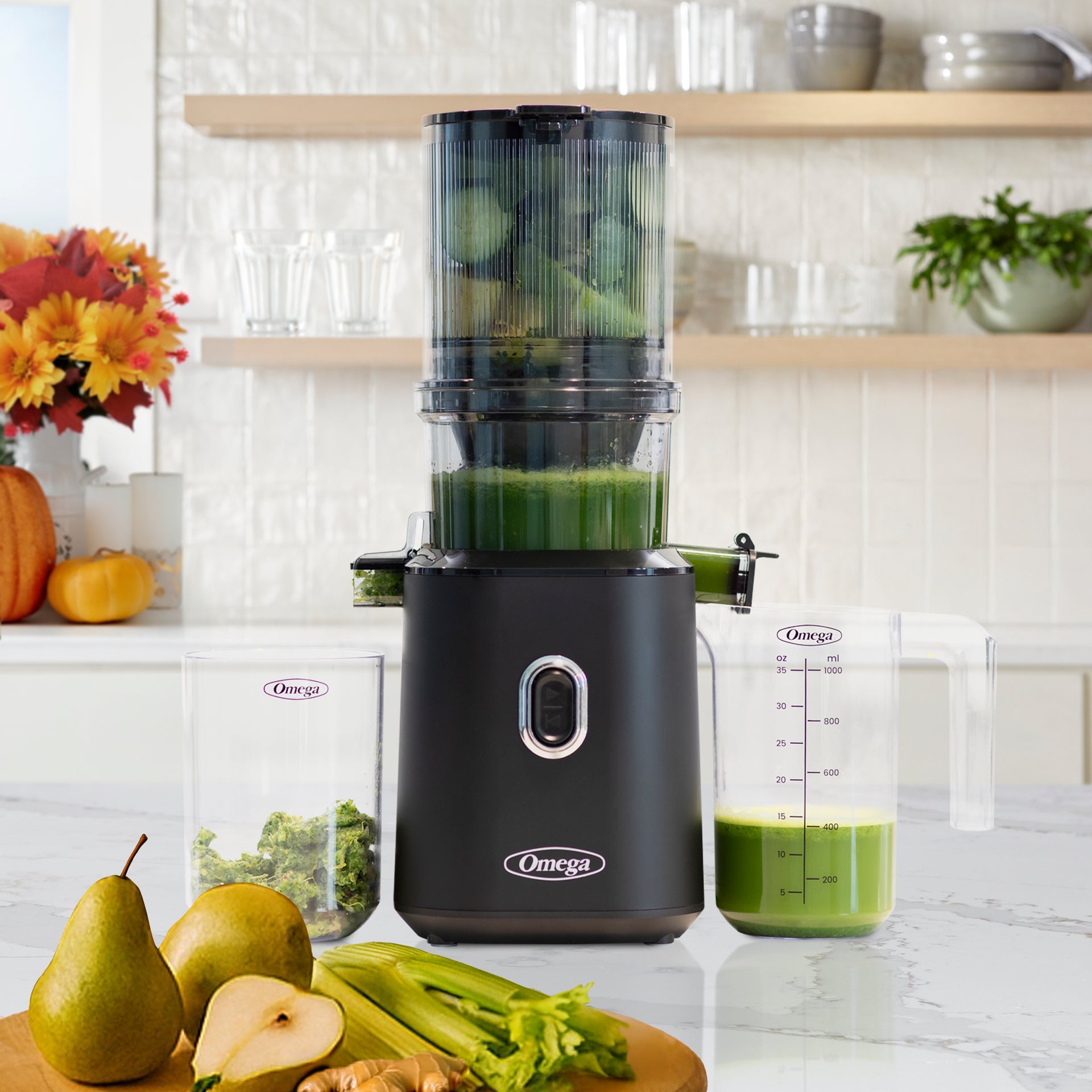 Black Omega OMJCSMVB Time Saving Batch Juicer with batch hopper and marked juice pitcher