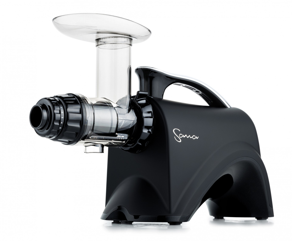Black Sana 606 horizontal juicer with clear hopper and auger drum