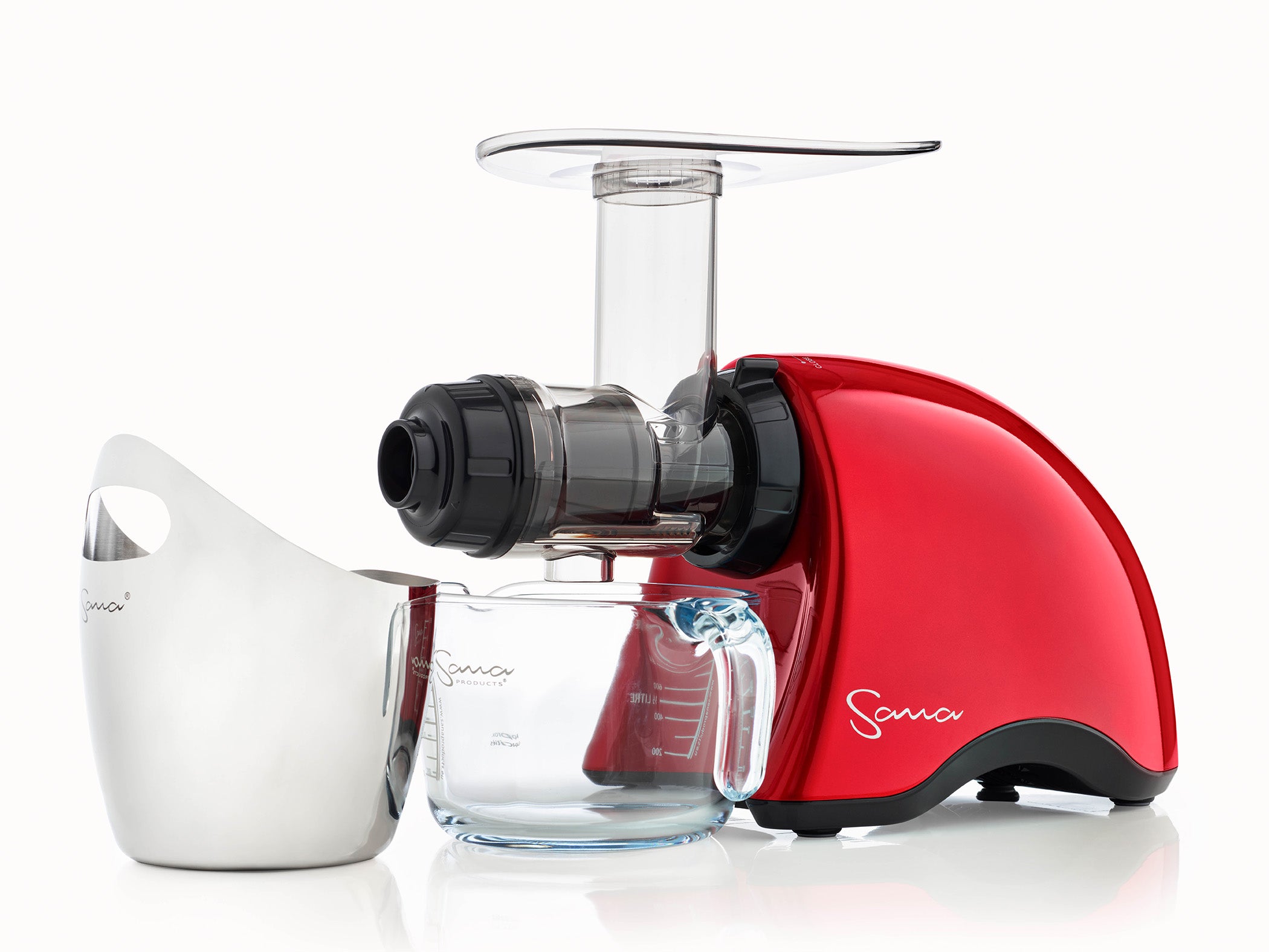 Red Sana 707 Classic 707C horizontal juicer with its glass bowl and steel pulp container