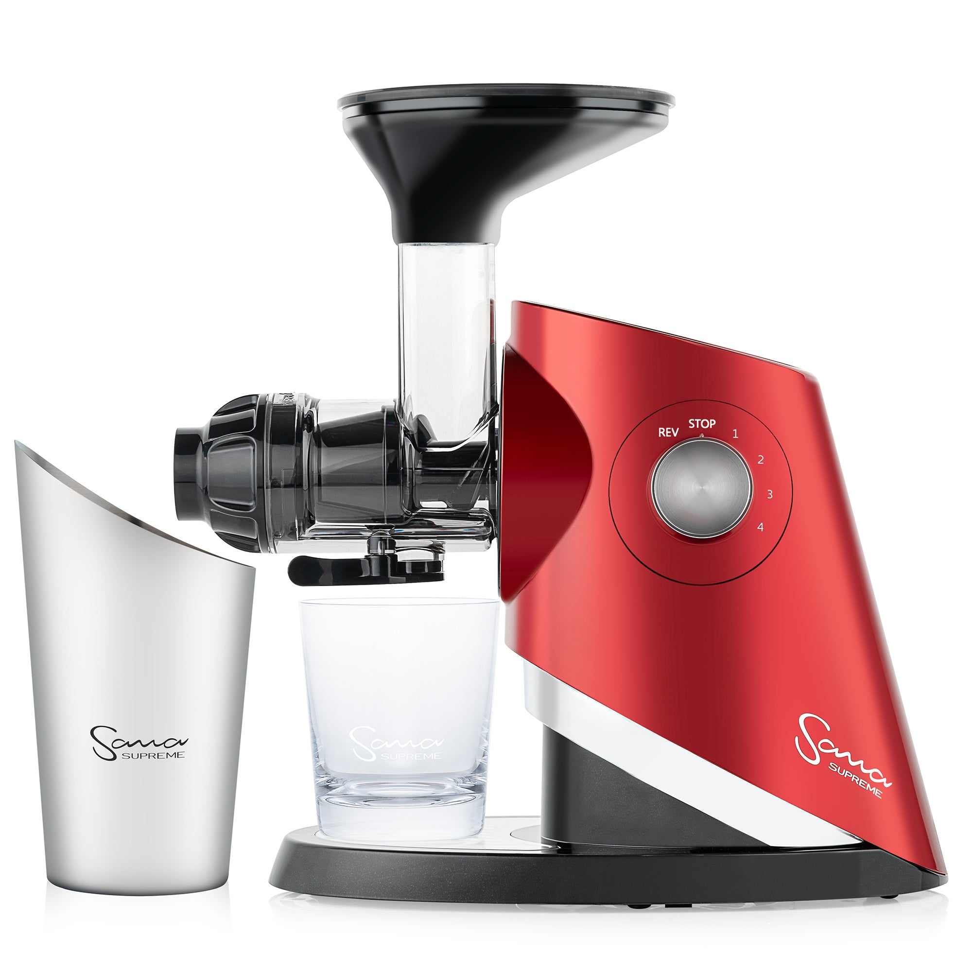 Red Sana 727 Supreme CPO product-page image, with the juicing drum and four-position selector