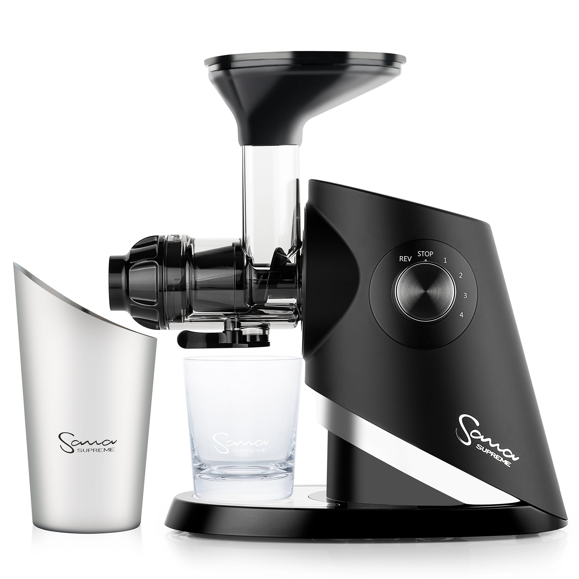 Black Sana 727 Supreme horizontal juicer with dual hopper, crystal cup and stainless-steel pulp catcher
