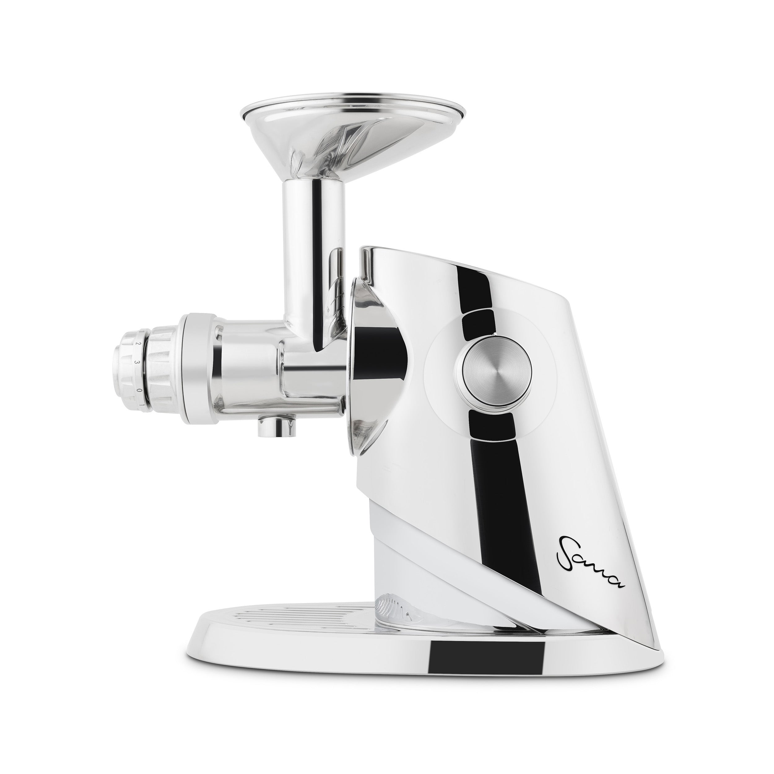 Sana 929 Ultimate horizontal juicer with stainless-steel body, auger housing and upper hopper