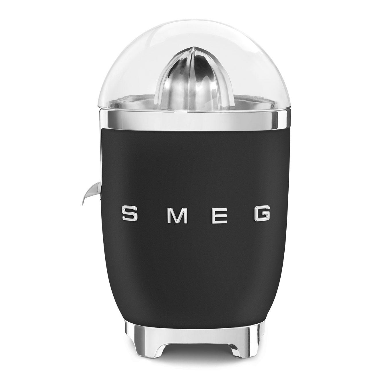 Official SMEG CJF01BLMUS citrus juicer image in matte black with stainless-steel reamer and lift-up anti-drip spout