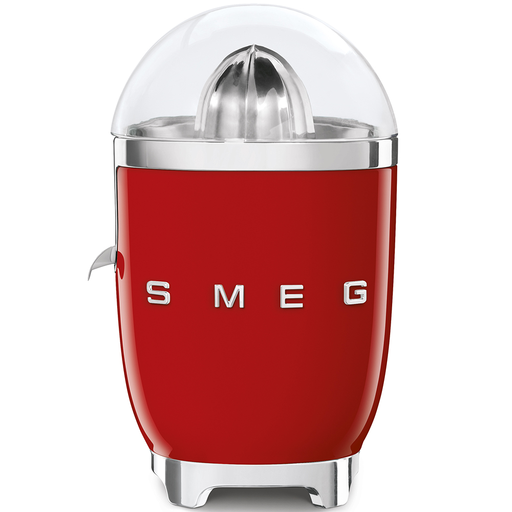 Official SMEG CJF11RDUS citrus juicer image in glossy red with stainless-steel reamer and anti-drip spout
