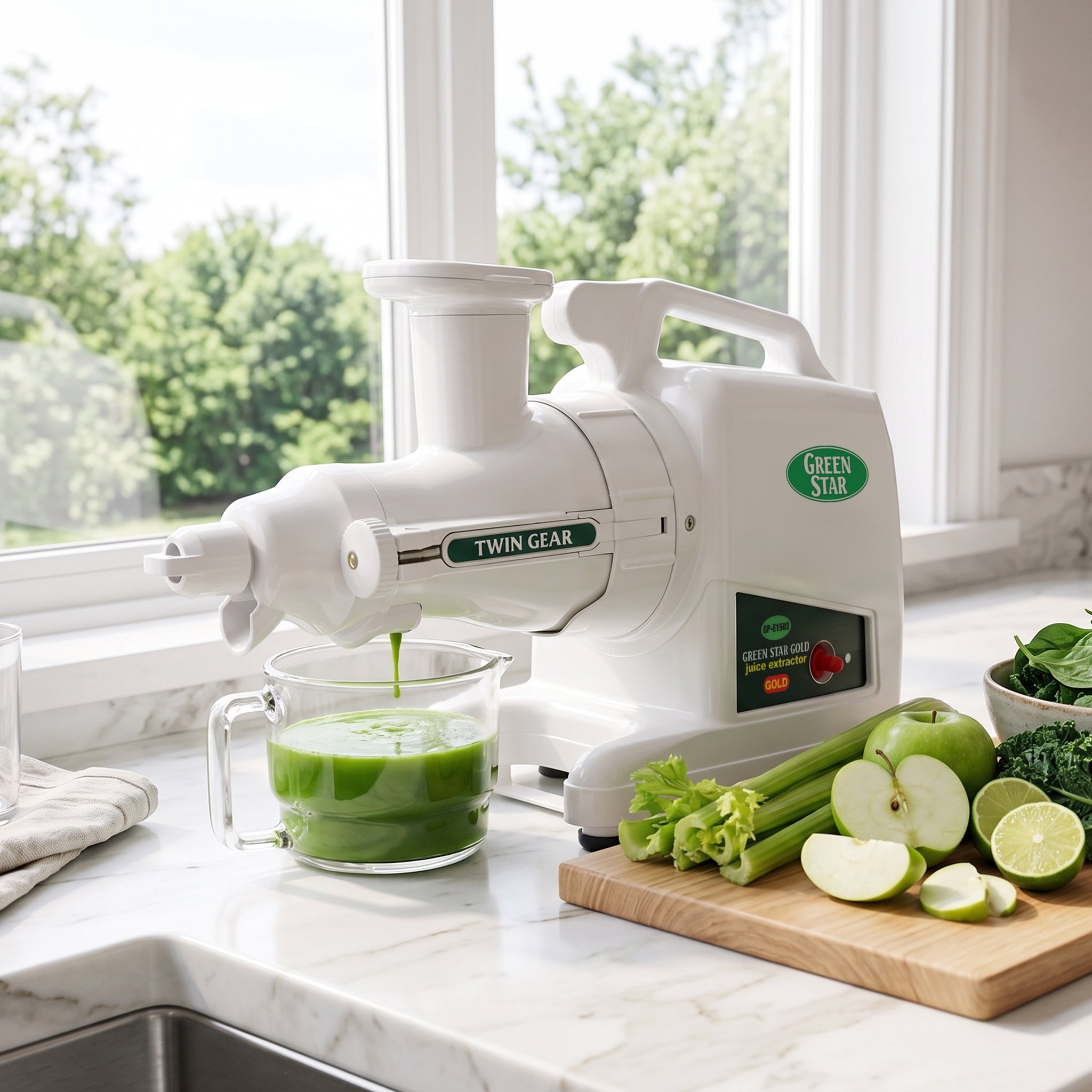 Greenstar Gold HD Twin Gear Slow Masticating Juicer GP-E1503-B. This depicts the base model/finish, not the condition of a particular refurbished unit.