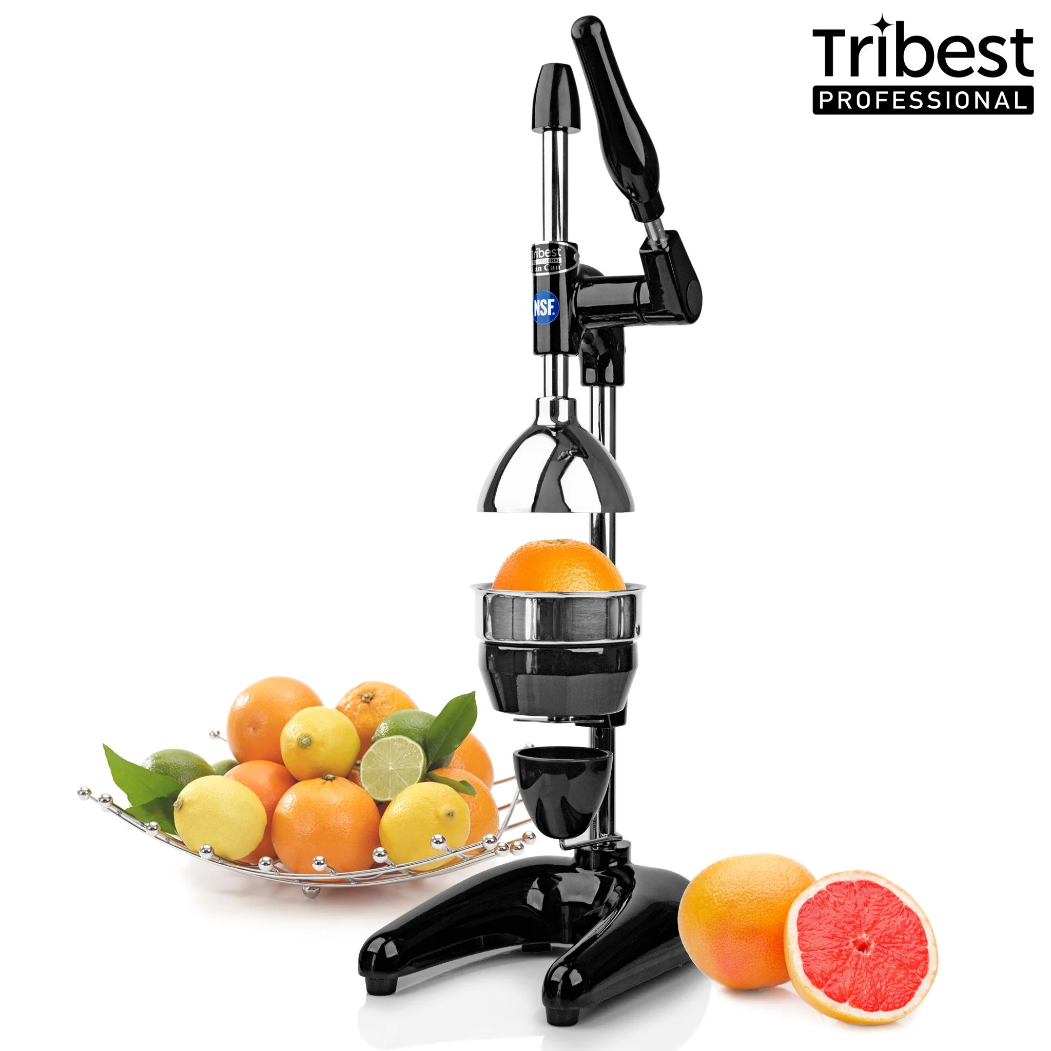 Tribest black MJP-100 manual juice press shown with its stainless bowl and strainer, arm, drip cup, and citrus fruit