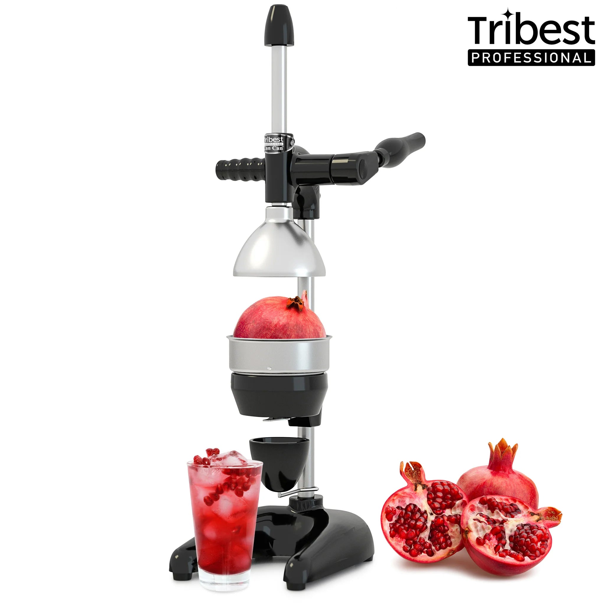 Tribest black MJP-105 XL manual juice press shown with its larger stainless bowl, separate handle, and pomegranate