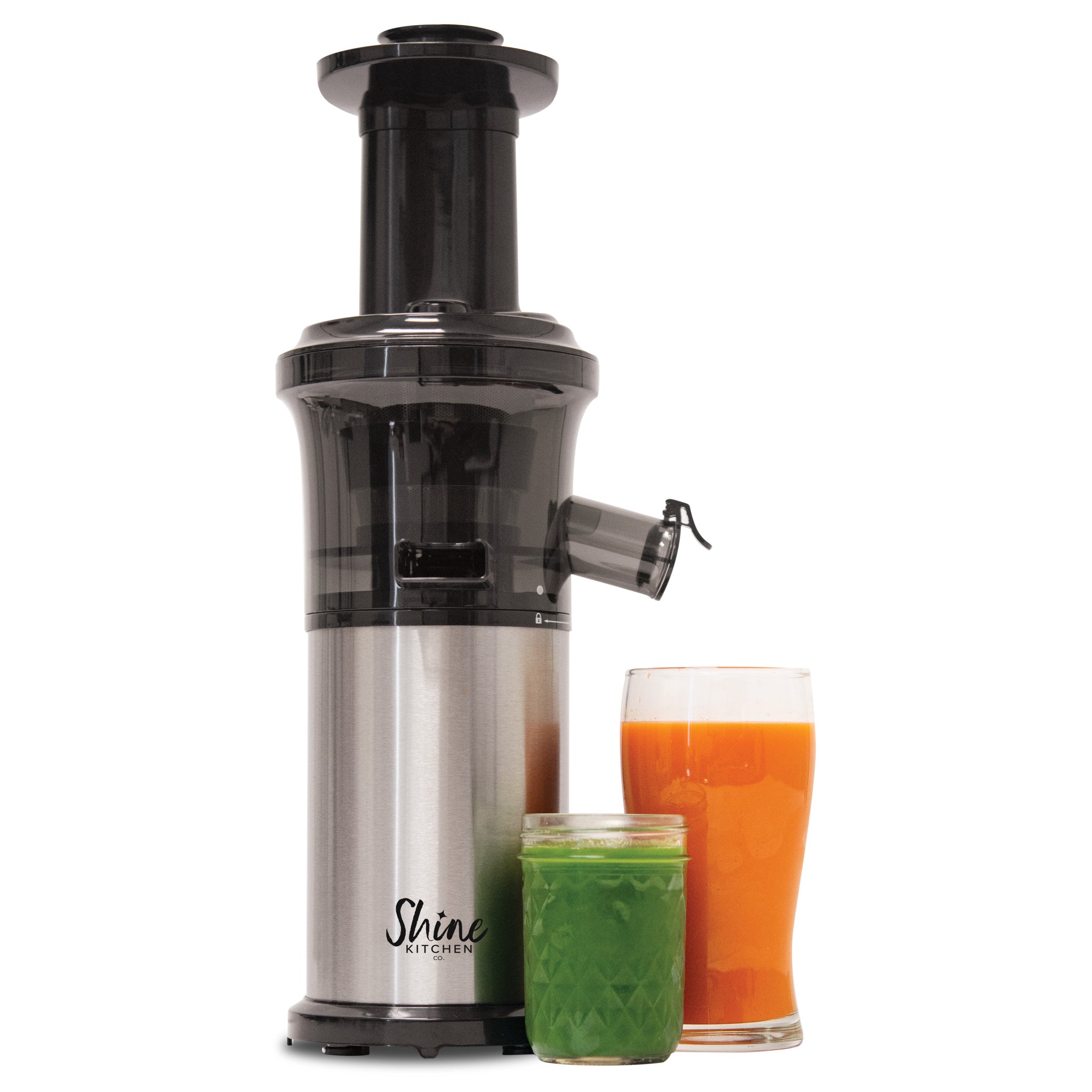Tribest Shine SJV-107 vertical slow juicer with feed chute, juice outlet and collection setup