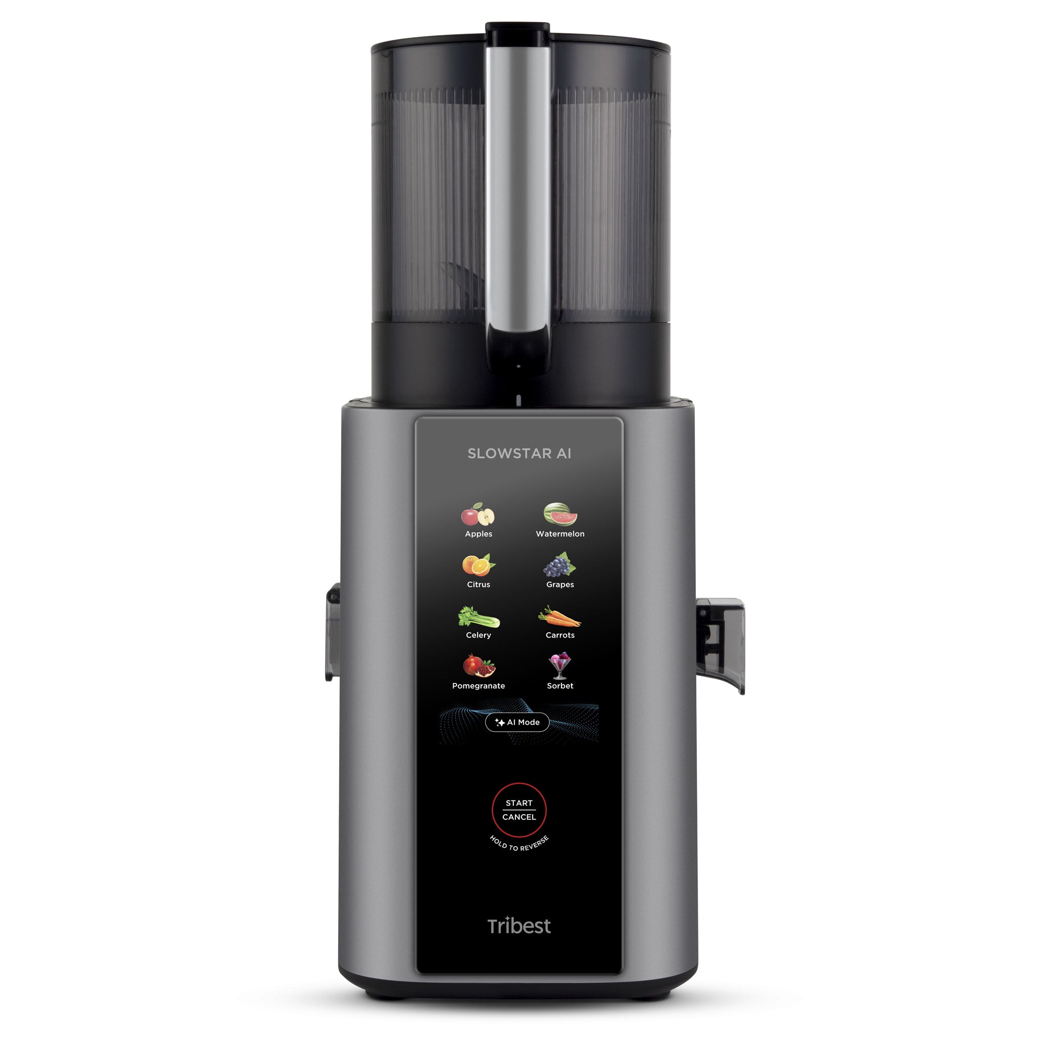 Tribest Slowstar AI SWA-3 gray vertical juicer with hopper assembly and touchscreen preset/AI-mode panel