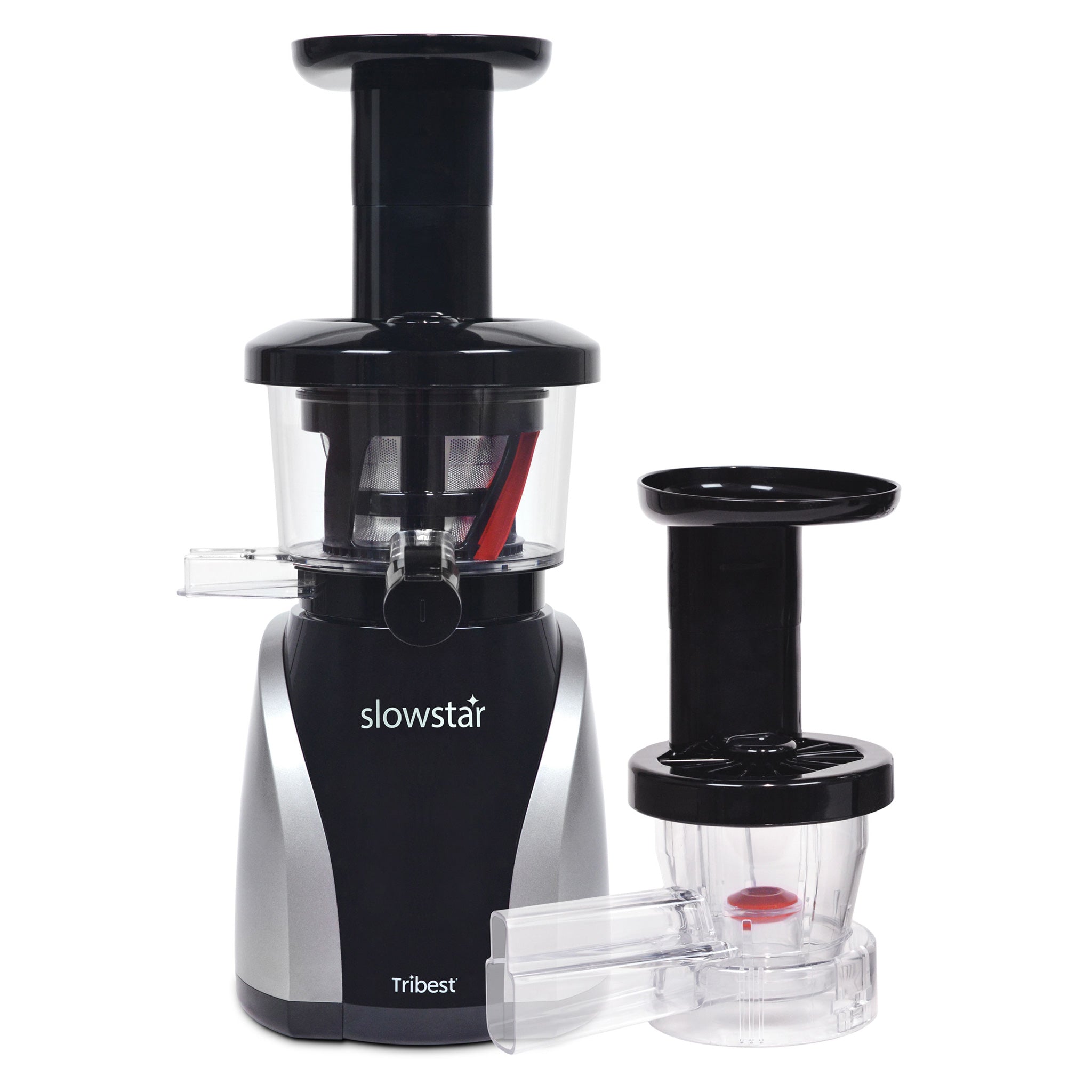 Tribest Slowstar silver SW-2020-B vertical juicer with its juicing assembly and a separate mincing setup shown beside it