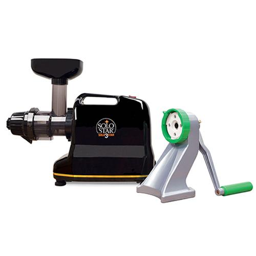 Black Tribest SoloStar 3C horizontal auger juicer shown beside a separate hand-cranked press