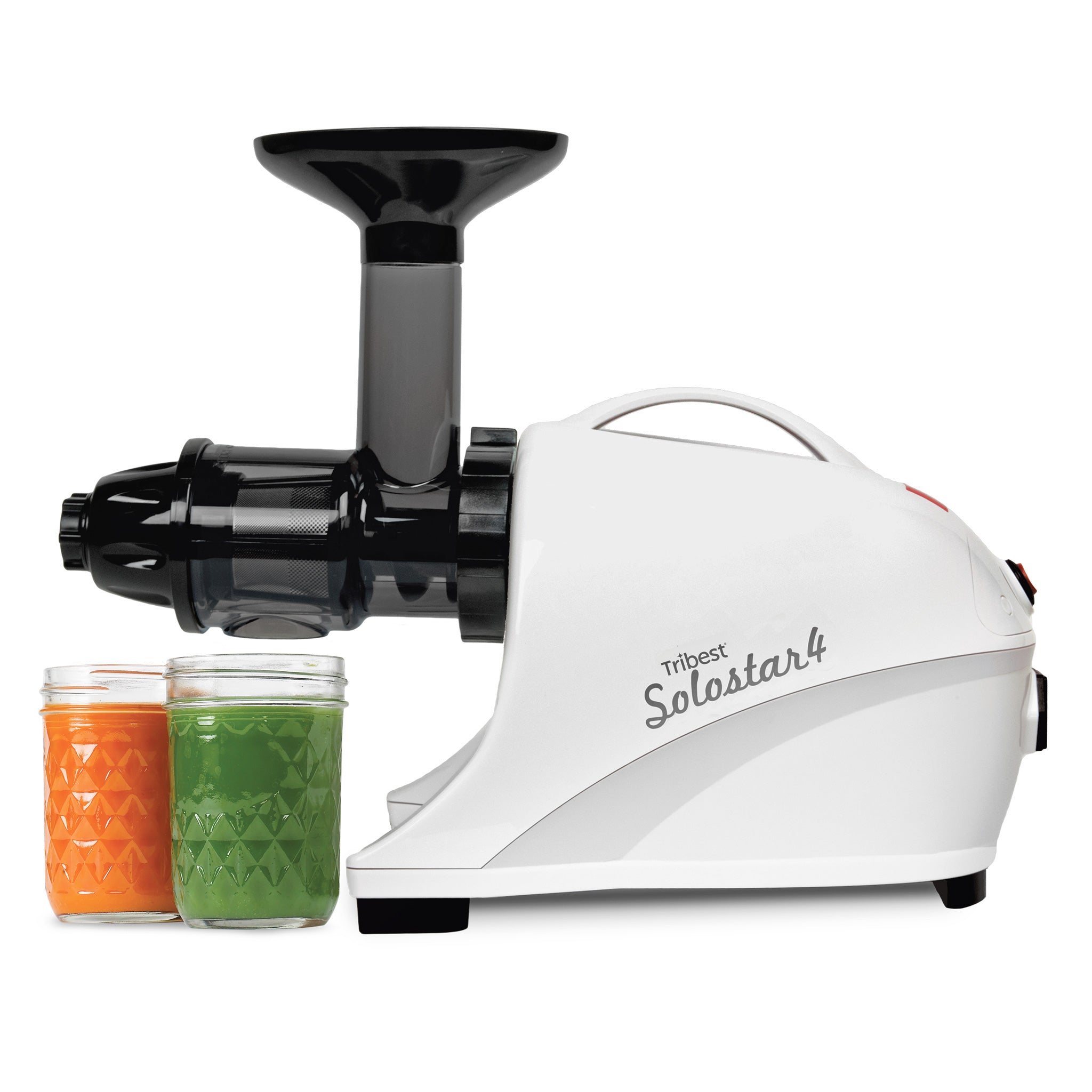 Tribest SoloStar 4 horizontal single-auger juicer in white, with feed funnel and collection containers