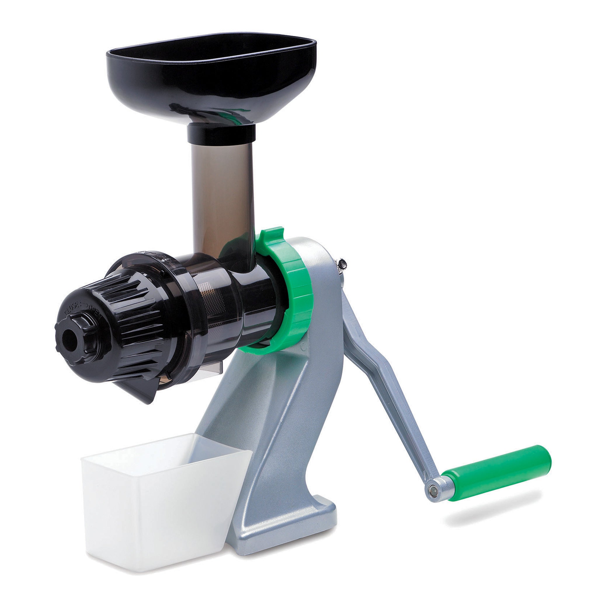 Tribest Zstar Z-710 hand-cranked auger juicer with grey metal frame, green crank grip, feed funnel and juice container